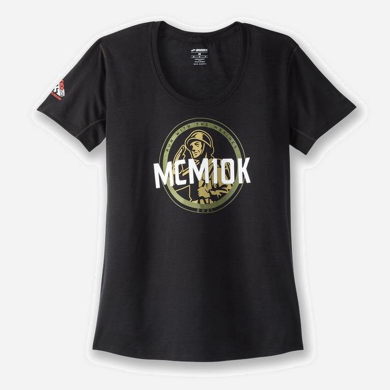 Brooks Mcm21 Distance Graphic Hardloopshirt voor Dames Zwart/Wit/Goud (GYNIV-5314)